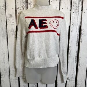 American Eagle Smiley Sweater Heather Gray AE‎ Logo Women's Medium Preppy Retro